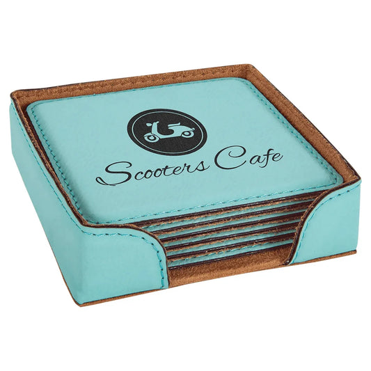 Teal 4" x 4" Square Laserable Leatherette 6-Coaster Set