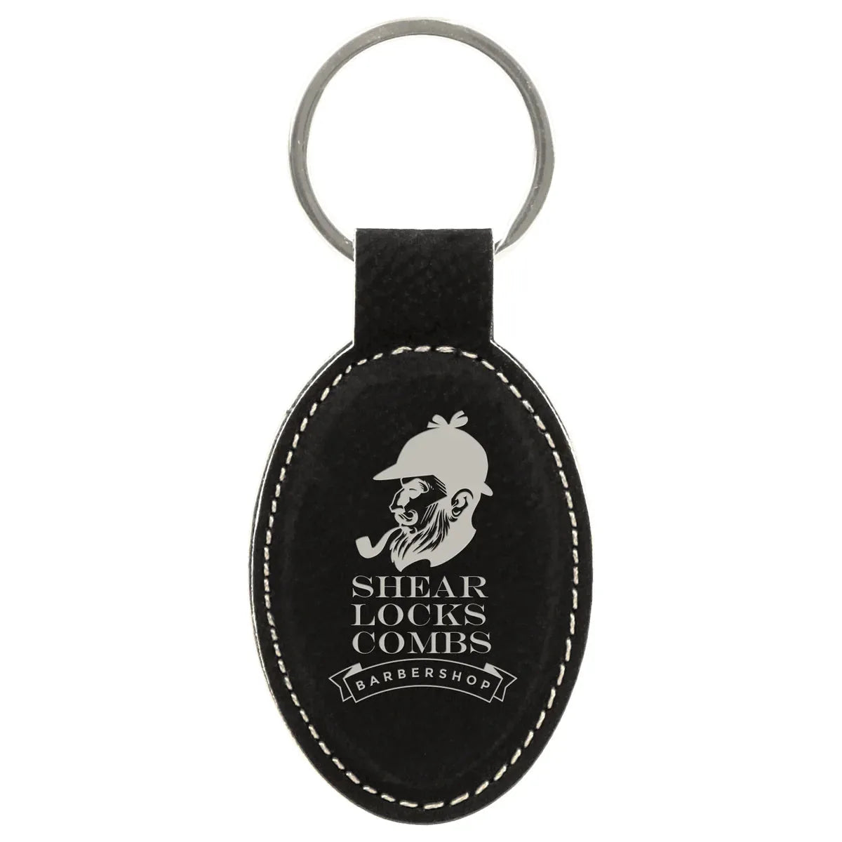 Black/Silver 3" x 1 3/4" Laserable Leatherette Oval Keychain