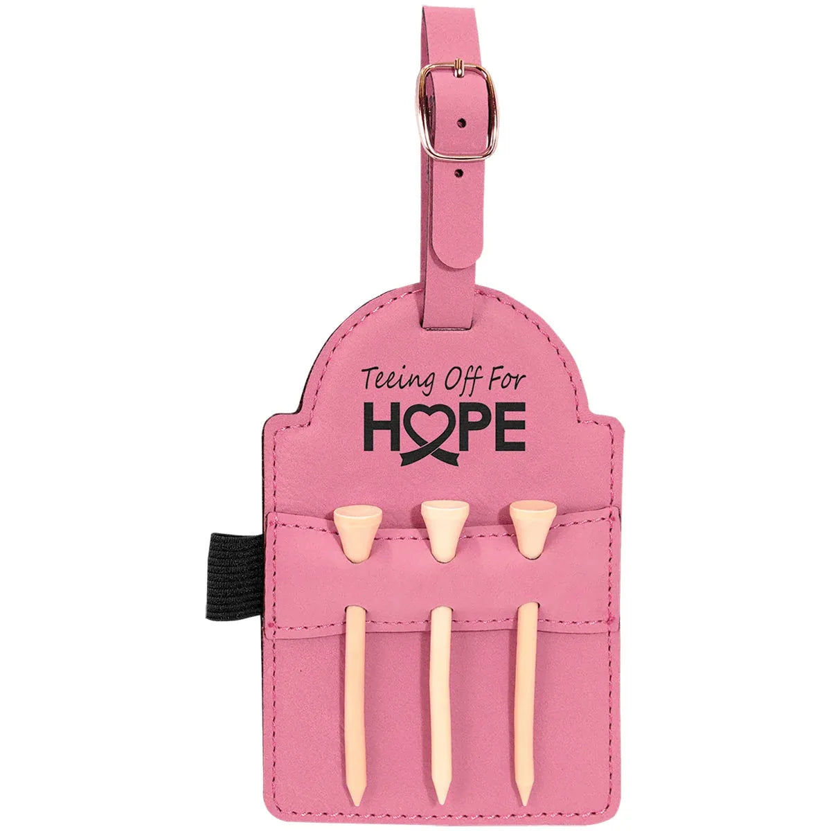 Pink 5" x 3 1/4" Laserable Leatherette Golf Bag Tag with 3 Wooden Tees
