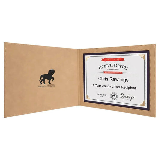 Custom Light Brown Laserable Leatherette Certificate Holder for 8 1/2" x 11 (9" x 12") — Branded | Laser Engraved