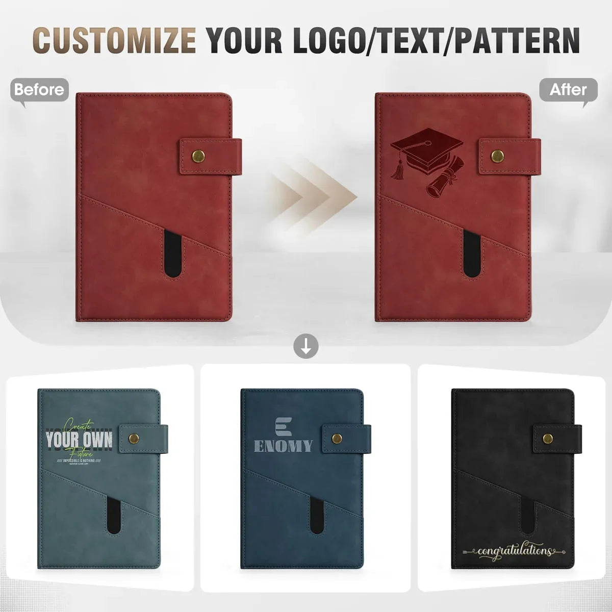 ENOMY Personalized Notebook A5 Leather Custom Notebook with Logo & Text Daily Journal for Men Women Hardcover Notebook for Business, Work, College, Idea Gift — Custom Branded Journal | Laser Engraved - Image 9