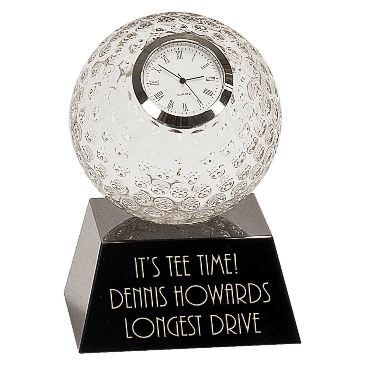 5" Clear Crystal Golf Ball Clock with Black Pedestal Base