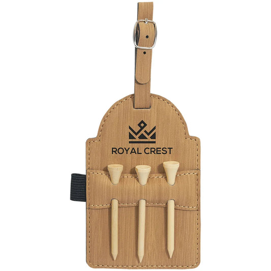 Bamboo 5" x 3 1/4" Laserable Leatherette Golf Bag Tag with 3 Wooden Tees