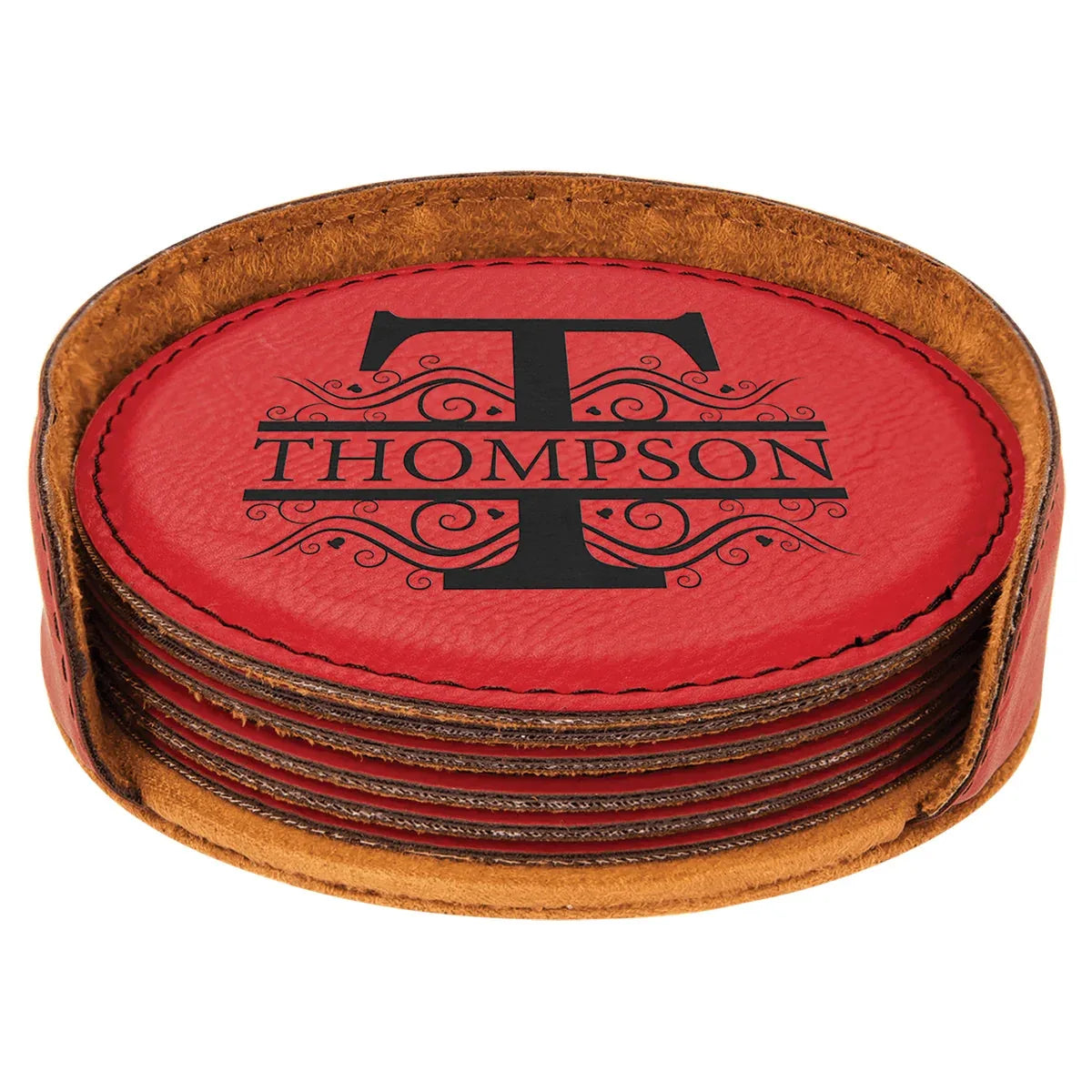 4" Red Laserable Leatherette Round 6-Coaster Set