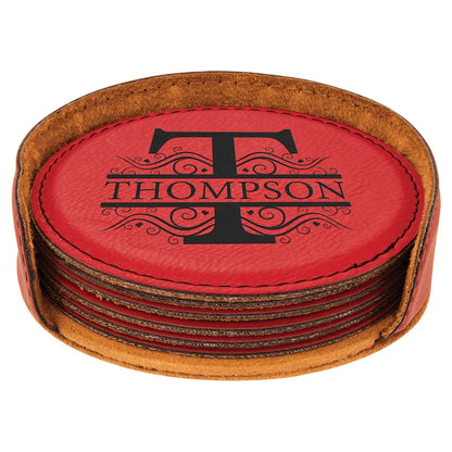 4" Red Laserable Leatherette Round 6-Coaster Set