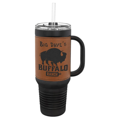 Black with Rawhide Polar Camel 40 oz. Laserable Leatherette Travel Mug with a Handle & Straw