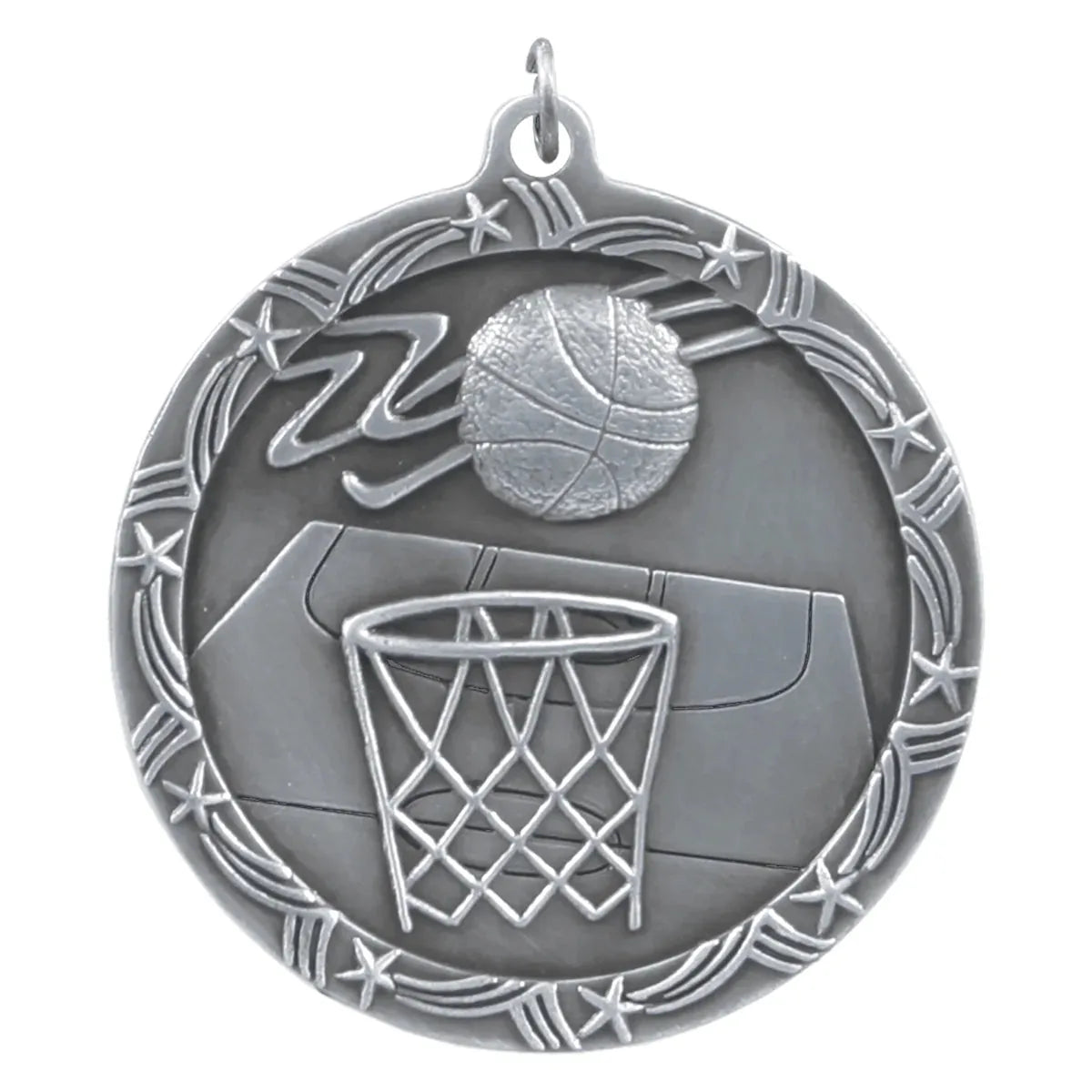 Antique Silver 2 1/2" Basketball Shooting Star Medal