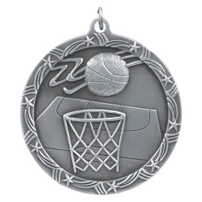 Antique Silver 2 1/2" Basketball Shooting Star Medal