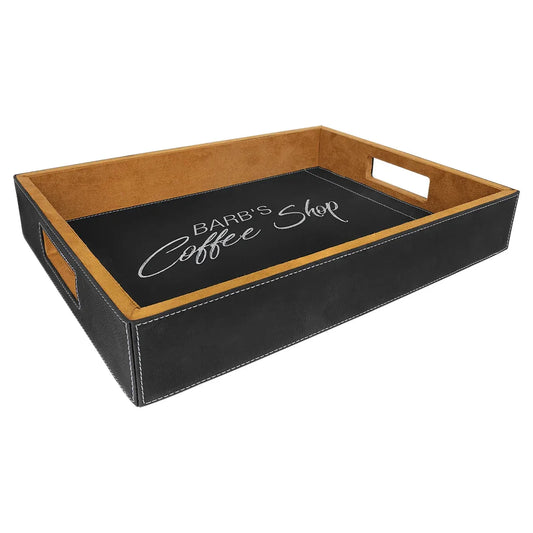 Black/Silver 16" x 12" Laserable Leatherette Serving Tray