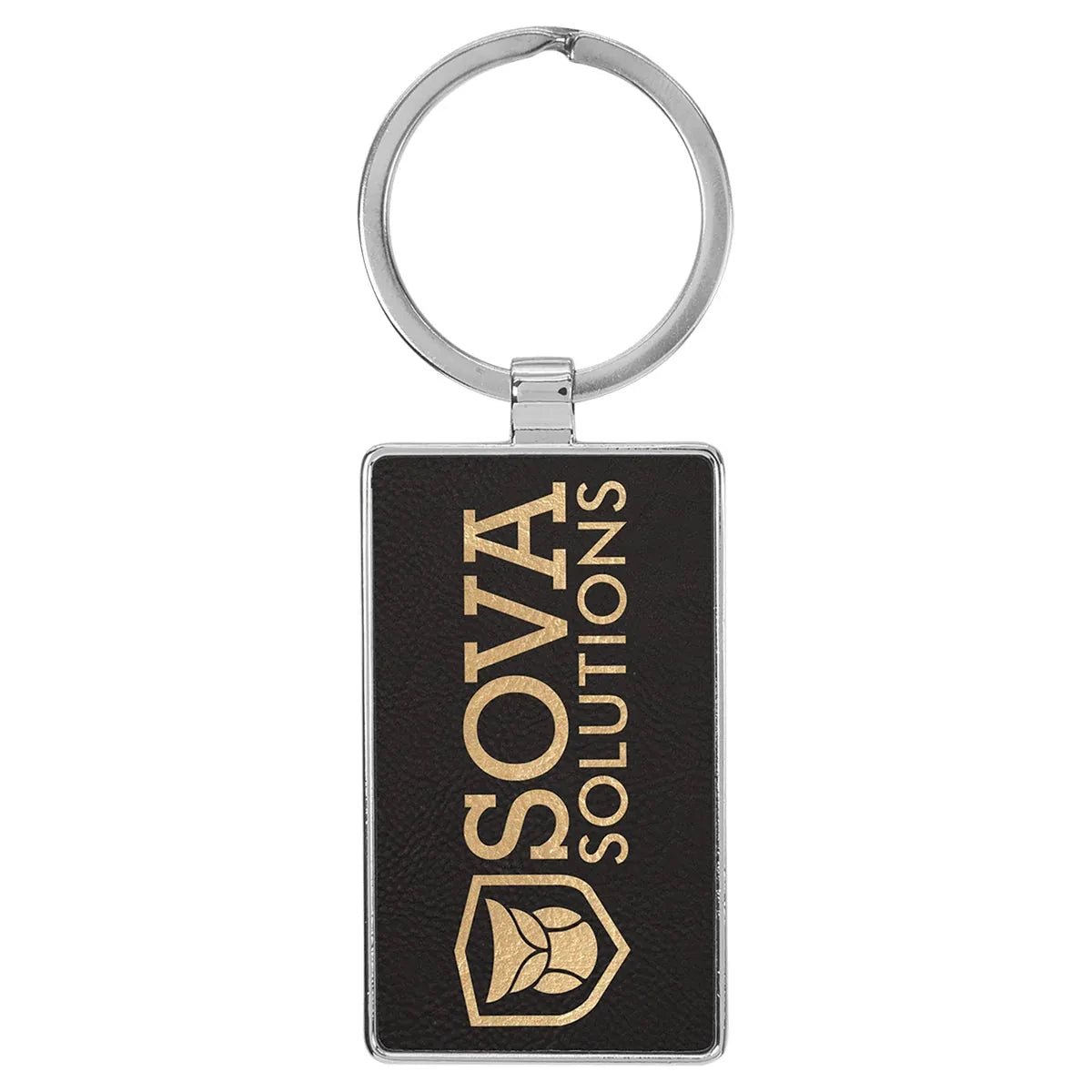 Black/Gold 2 3/4" x 1 1/4" Laserable Leatherette/Metal Rectangle Keychain