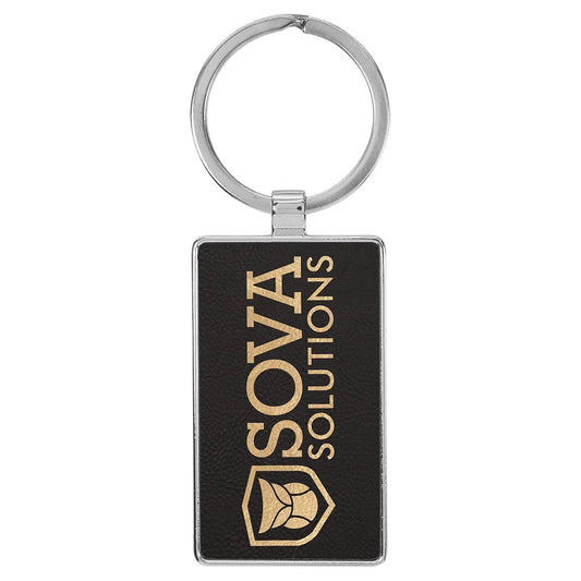 Black/Gold 2 3/4" x 1 1/4" Laserable Leatherette/Metal Rectangle Keychain