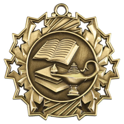 Antique Gold 2 1/4" Lamp of Knowledge Ten Star Medal