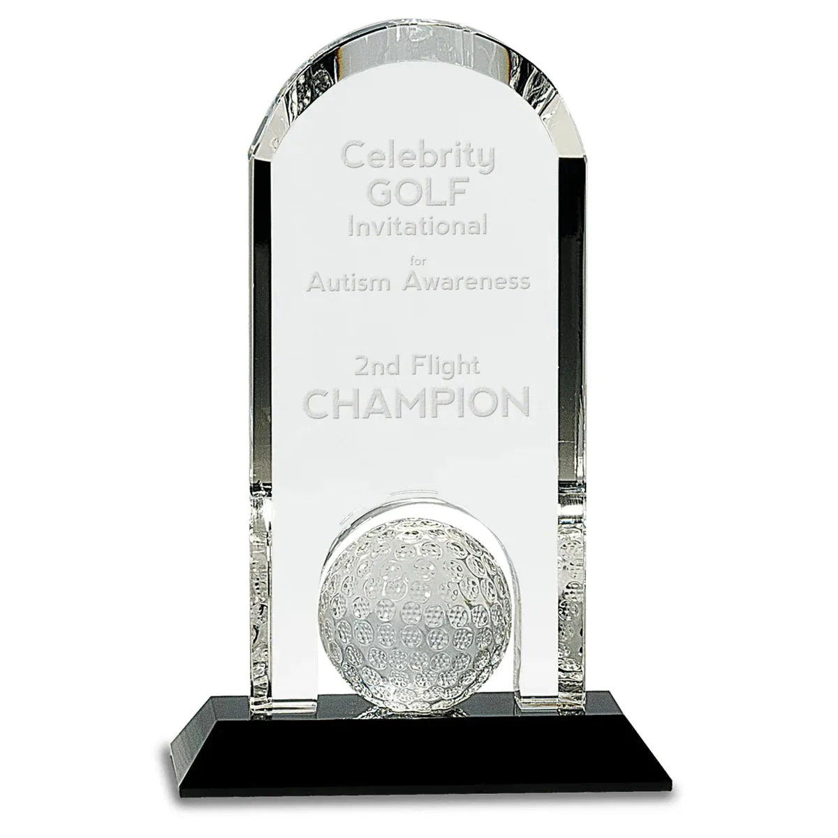 9" Clear Crystal Dome with Inset Golf Ball on Black Pedestal Base