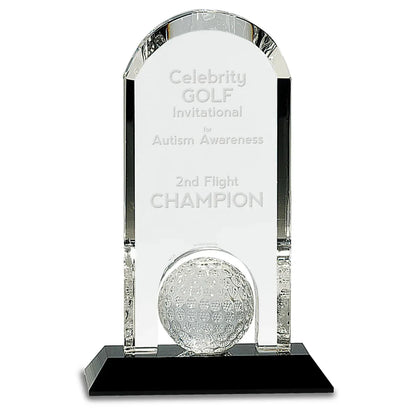 9" Clear Crystal Dome with Inset Golf Ball on Black Pedestal Base