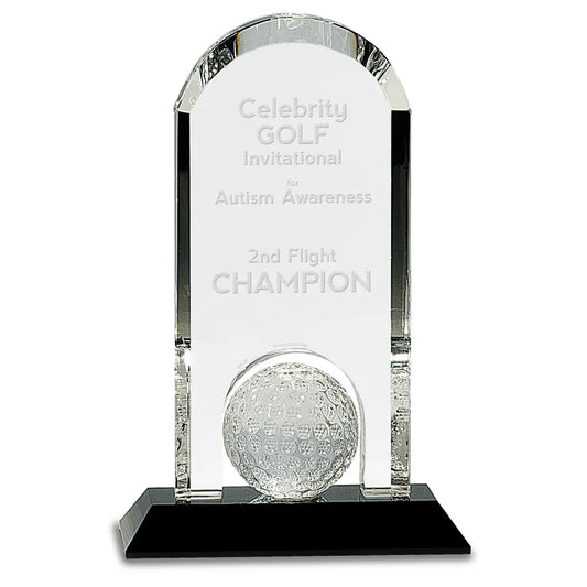 9" Clear Crystal Dome with Inset Golf Ball on Black Pedestal Base
