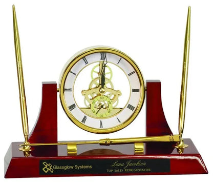 Gold 10 1/2" x 6" Executive/Rosewood Piano Finish Clock w/2 Pens/Letter Opener