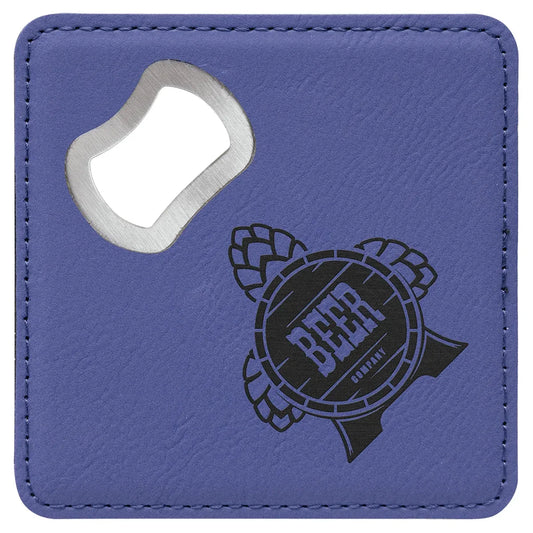 Purple 4" x 4" Square Laserable Leatherette Coaster with Bottle Opener