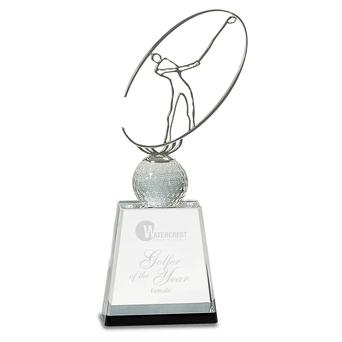 11" Clear/Black Crystal Golf Award with Silver Metal Oval Figure