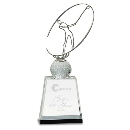 11" Clear/Black Crystal Golf Award with Silver Metal Oval Figure