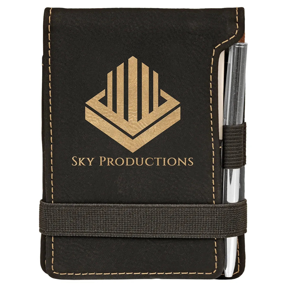 Black/Gold 3 1/4" x 4 3/4" Laserable Leatherette Mini Notepad with Pen