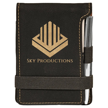Black/Gold 3 1/4" x 4 3/4" Laserable Leatherette Mini Notepad with Pen