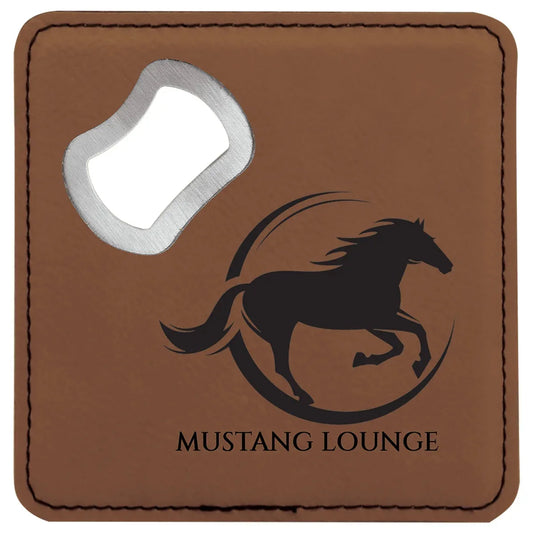 Dark Brown 4" x 4" Square Laserable Leatherette Coaster with Bottle Opener