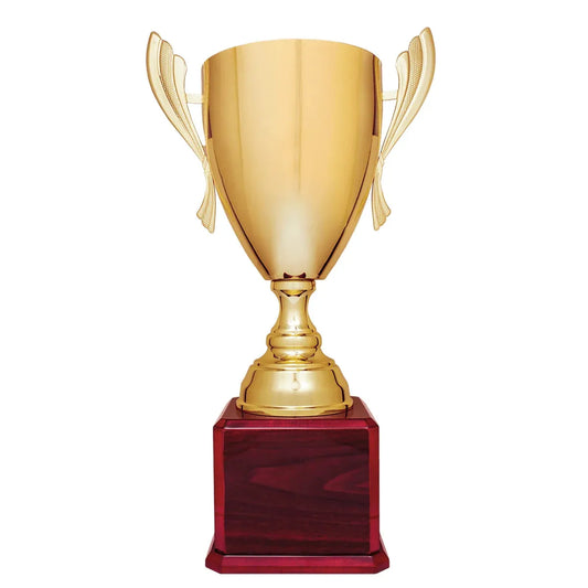 Gold Completed Metal Cup Trophy on Rosewood Royal 2 24 3/4" Piano Finish Base