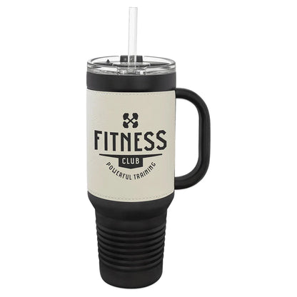 Black with White Polar Camel 40 oz. Laserable Leatherette Travel Mug with a Handle & Straw