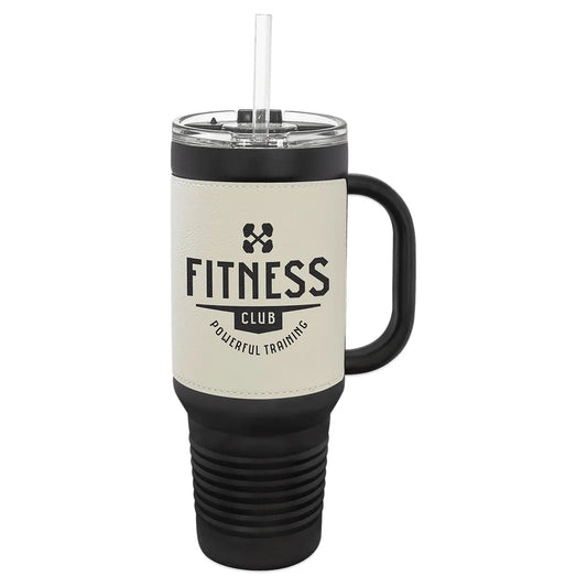 Black with White Polar Camel 40 oz. Laserable Leatherette Travel Mug with a Handle & Straw