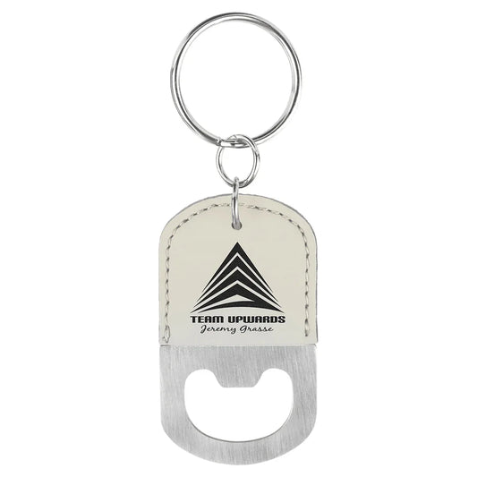 White Oval Laserable Leatherette Bottle Opener Keychain