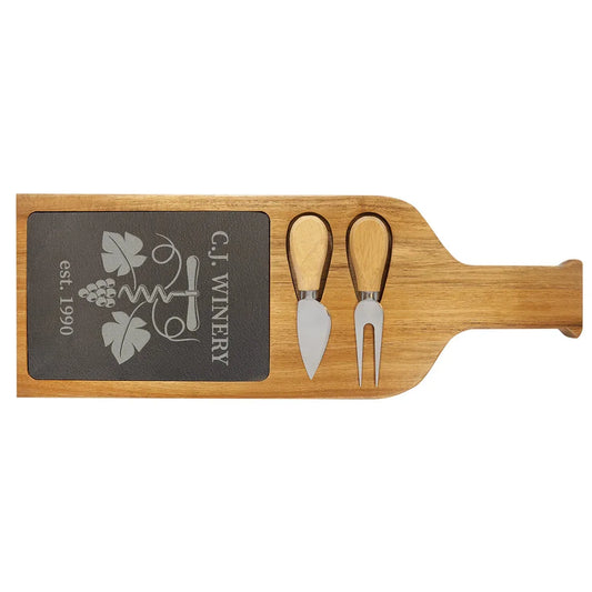 17 1/2" x 6" Acacia Wood/Slate Serving Board with Two Tools