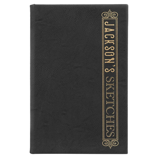 Black/Gold 5 1/4" x 8 1/4" Laserable Leatherette Sketch Book with Unlined Notepad