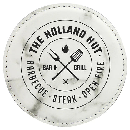 White Marble 4" Round Laserable Leatherette Coaster