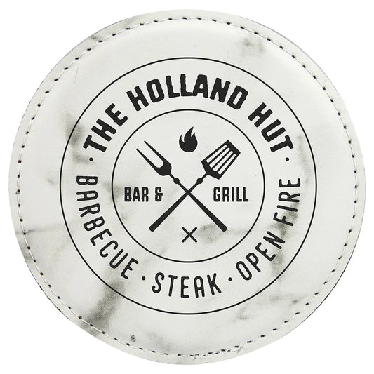 White Marble 4" Round Laserable Leatherette Coaster