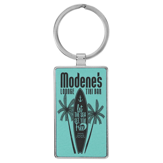 Teal 2 3/4" x 1 1/4" Laserable Leatherette/Metal Rectangle Keychain
