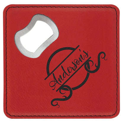 Red 4" x 4" Square Laserable Leatherette Coaster with Bottle Opener