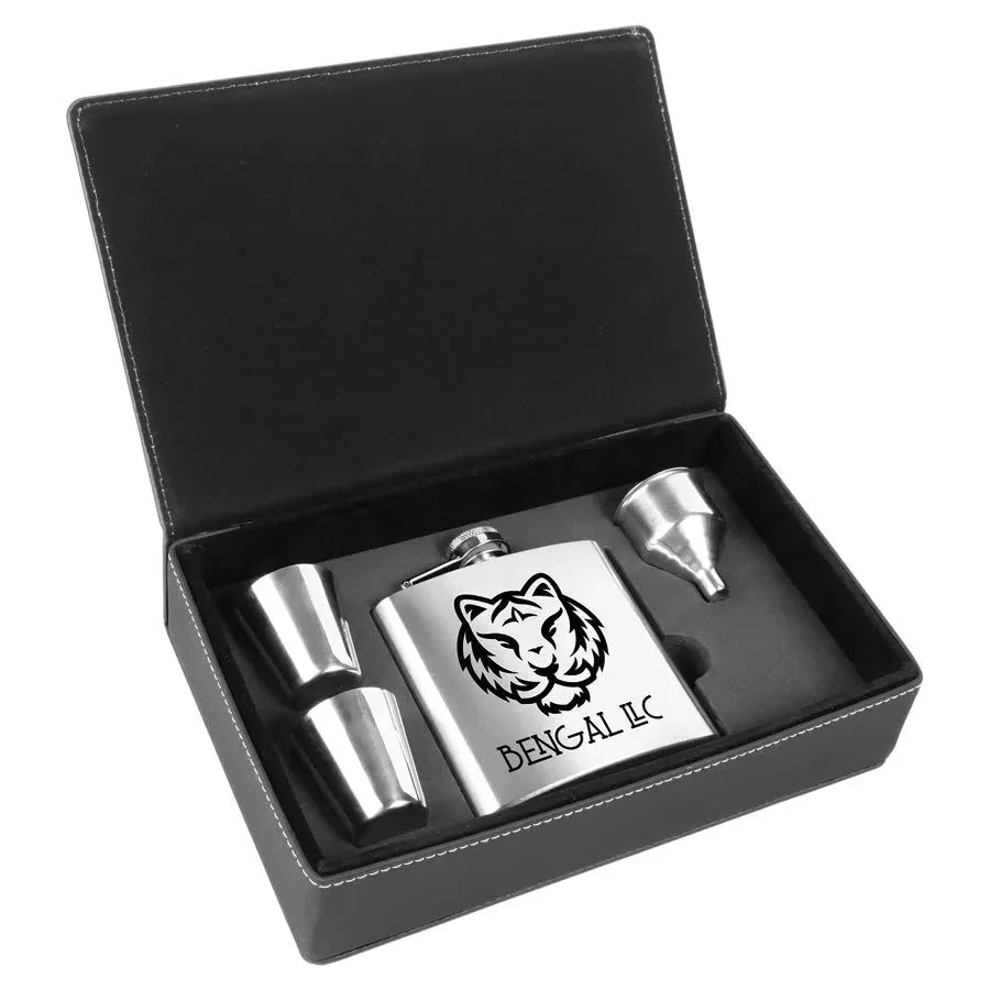 Stainless Steel Flask Set in Black/Silver 6 oz. Laserable Leatherette Box
