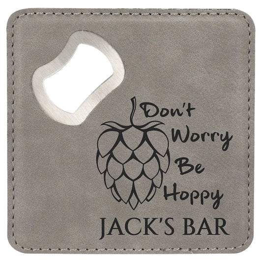 Gray 4" x 4" Square Laserable Leatherette Coaster with Bottle Opener