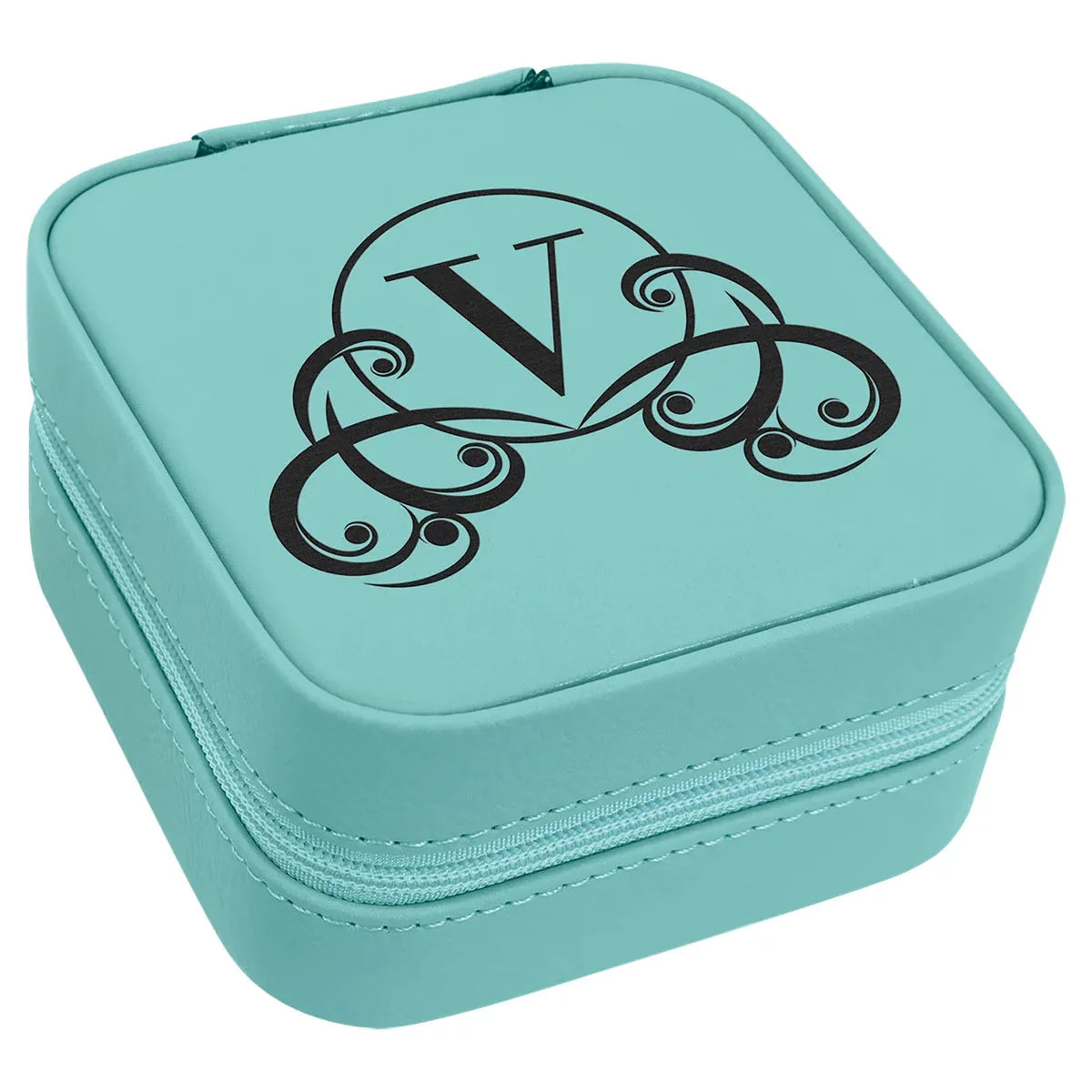 Teal 4" X 4" Laserable Leatherette Travel Jewelry Box with Tan Lining