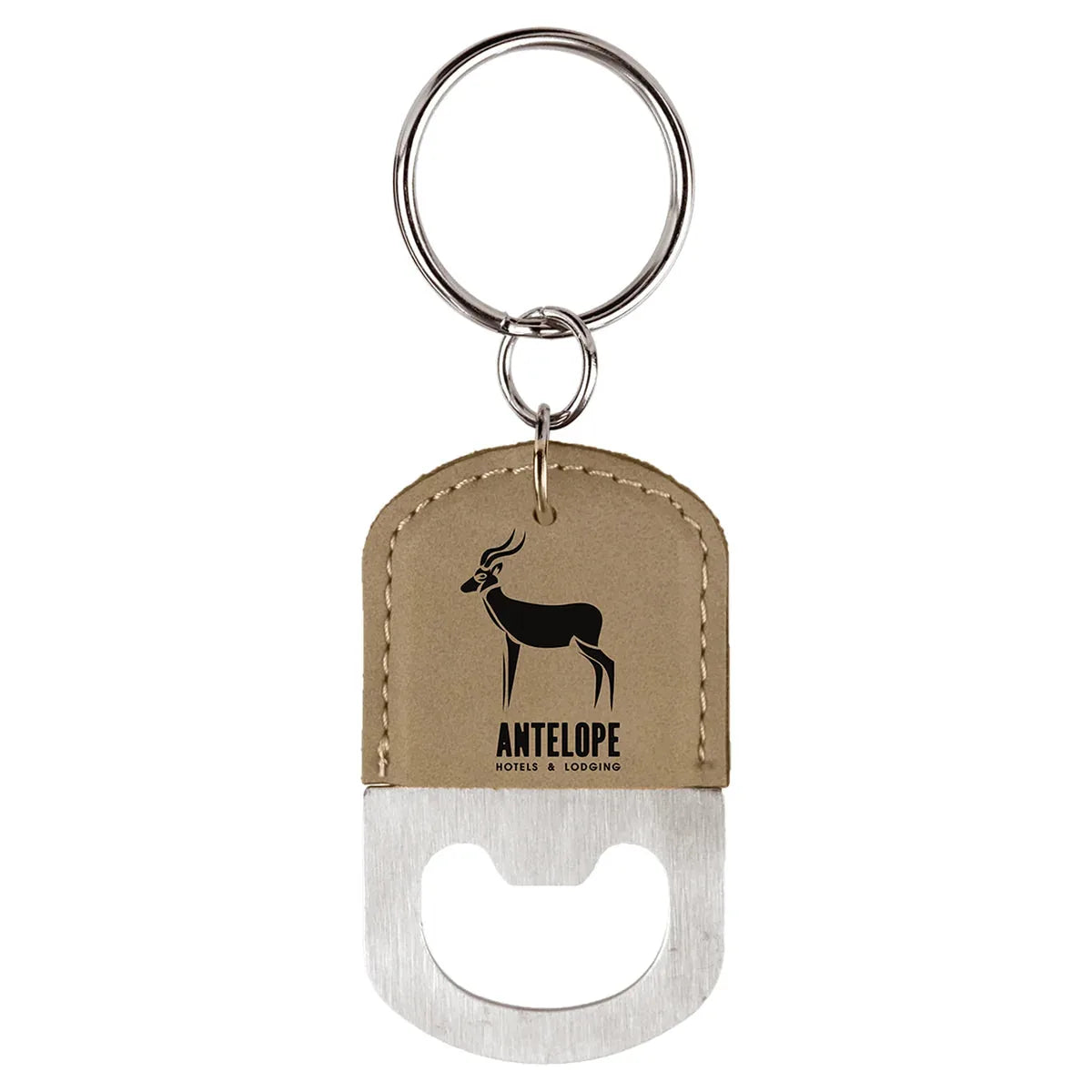 Light Brown Oval Laserable Leatherette Bottle Opener Keychain