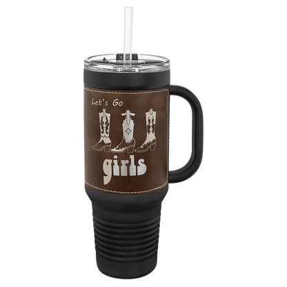 Black with Rustic/Silver Polar Camel 40 oz. Laserable Leatherette Travel Mug with Handle & Straw