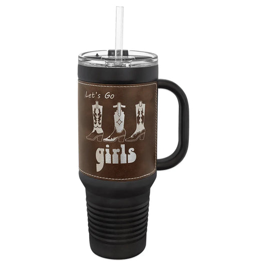 Black with Rustic/Silver Polar Camel 40 oz. Laserable Leatherette Travel Mug with Handle & Straw