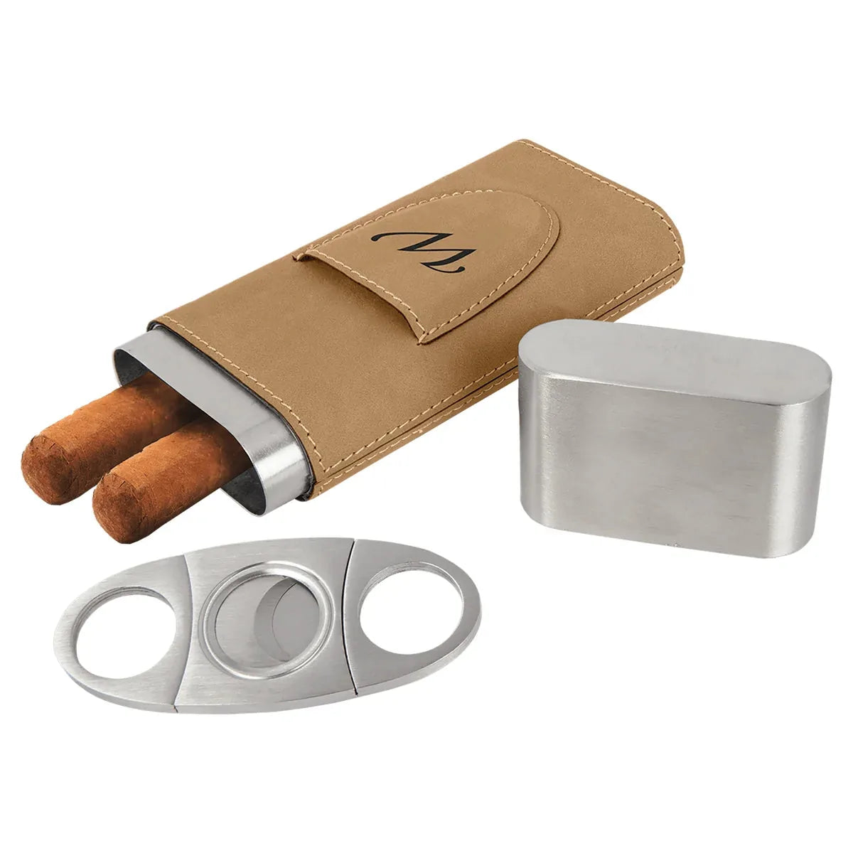 Light Brown Laserable Leatherette Cigar Case with Cutter