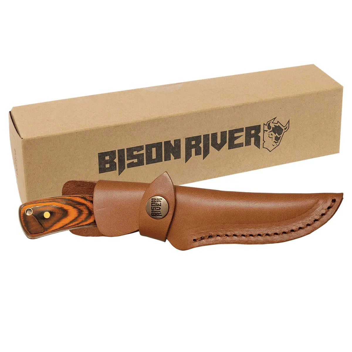Bison River 7 3/4" Fixed Blade Wood Knife with Leather Sheath