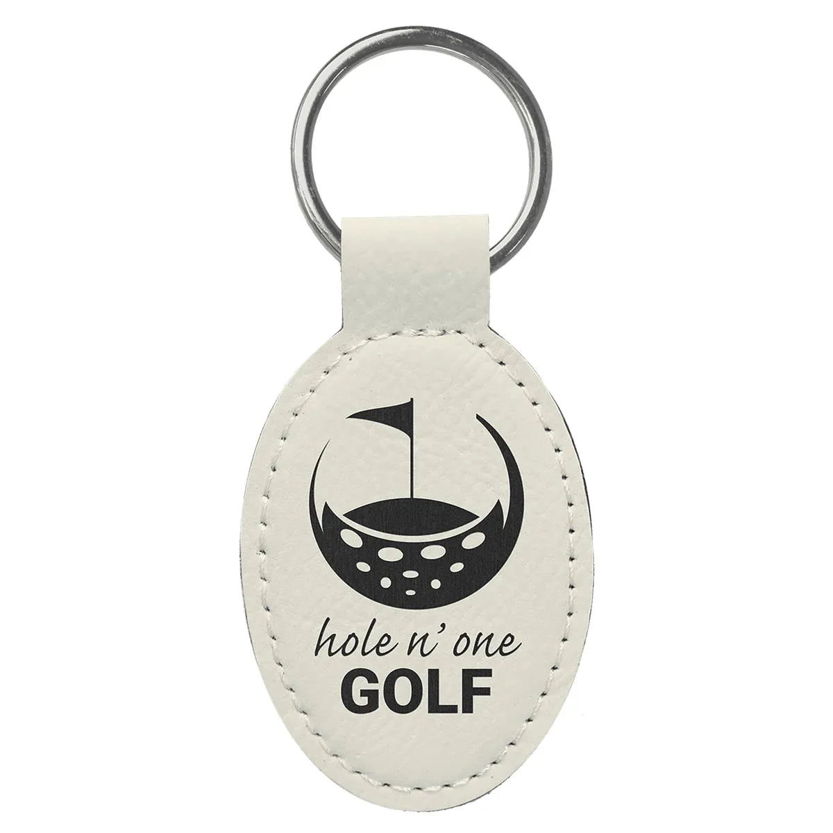 White 3" x 1 3/4" Laserable Leatherette Oval Keychain