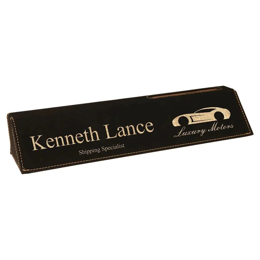 Black/Gold 10 1/2" Laserable Leatherette Desk Wedge with Business Card Holder