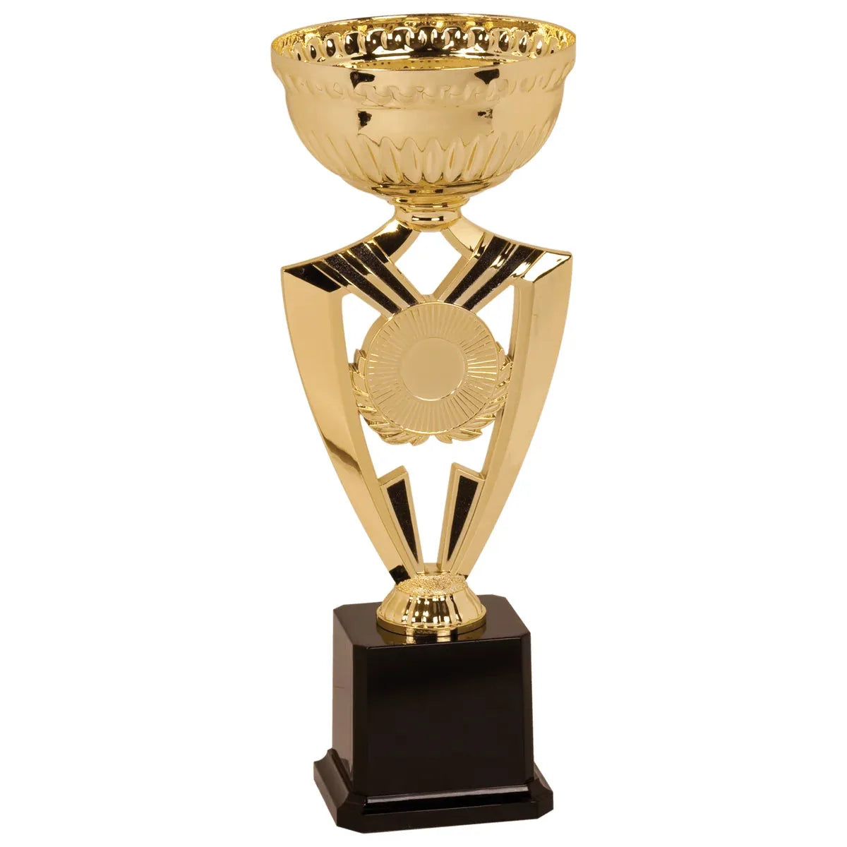 12 3/8" Gold Ribbon Trophy Cup Kit with 2" Medallion Insert Holder — Custom Engraved Award