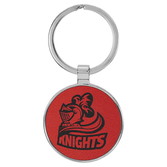 Red 1 1/2" Laserable Leatherette/Metal Round Keychain