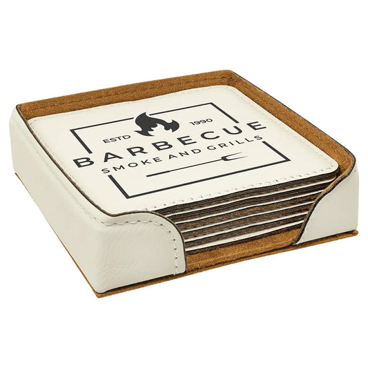 White 4" x 4" Square Laserable Leatherette 6-Coaster Set