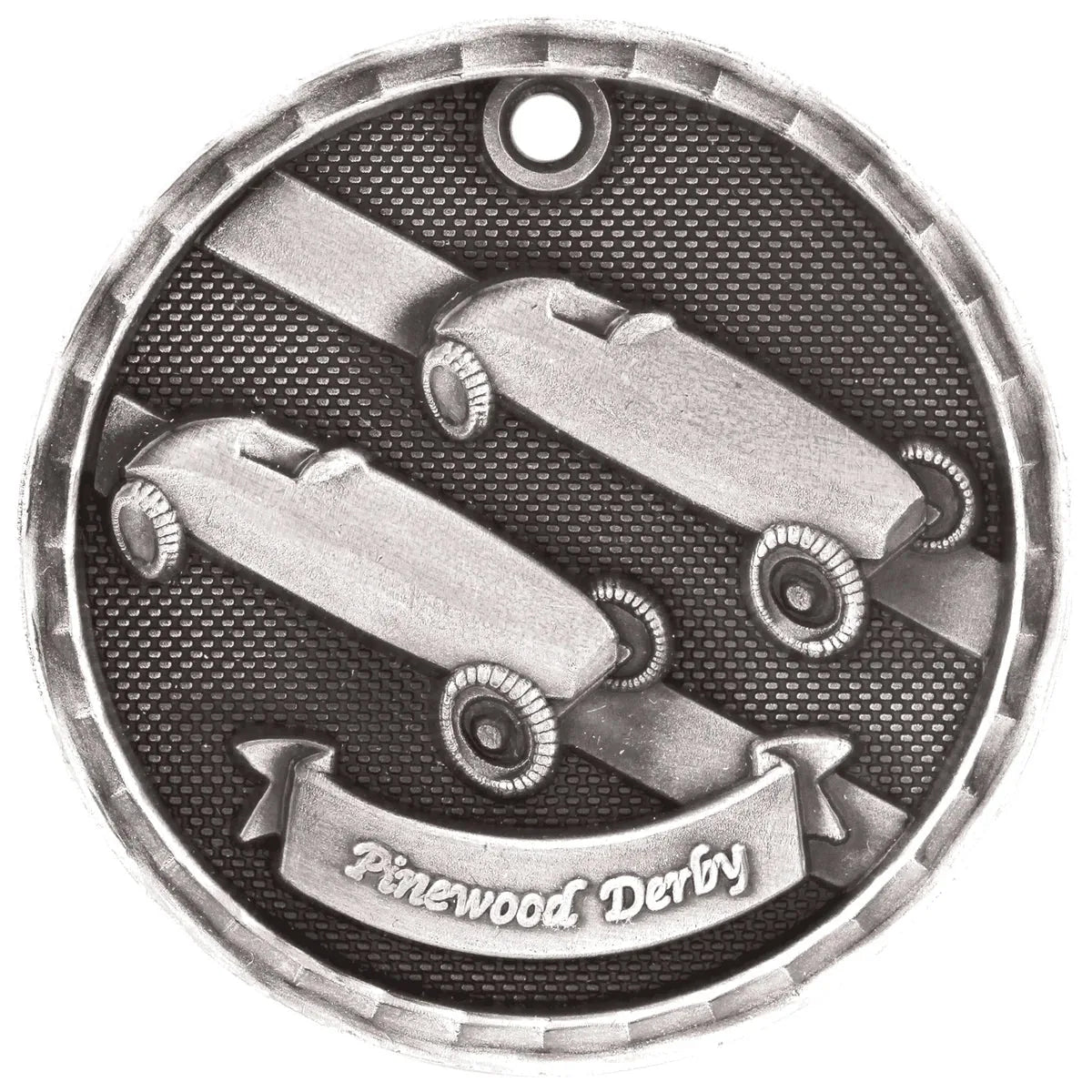 Antique Silver 2" 3D Pinewood Derby Medal